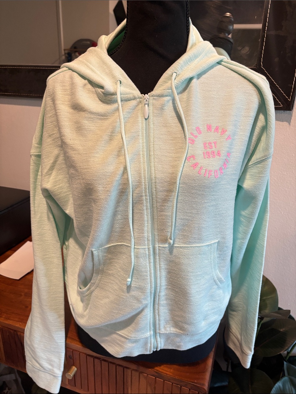 Old Navy Mint Zip-Up Hoodie with Pink Chest Logo